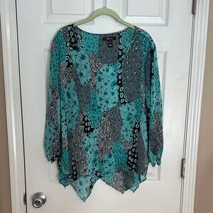 Style & Co. Turquoise and Charcoal Patterned Blouse
